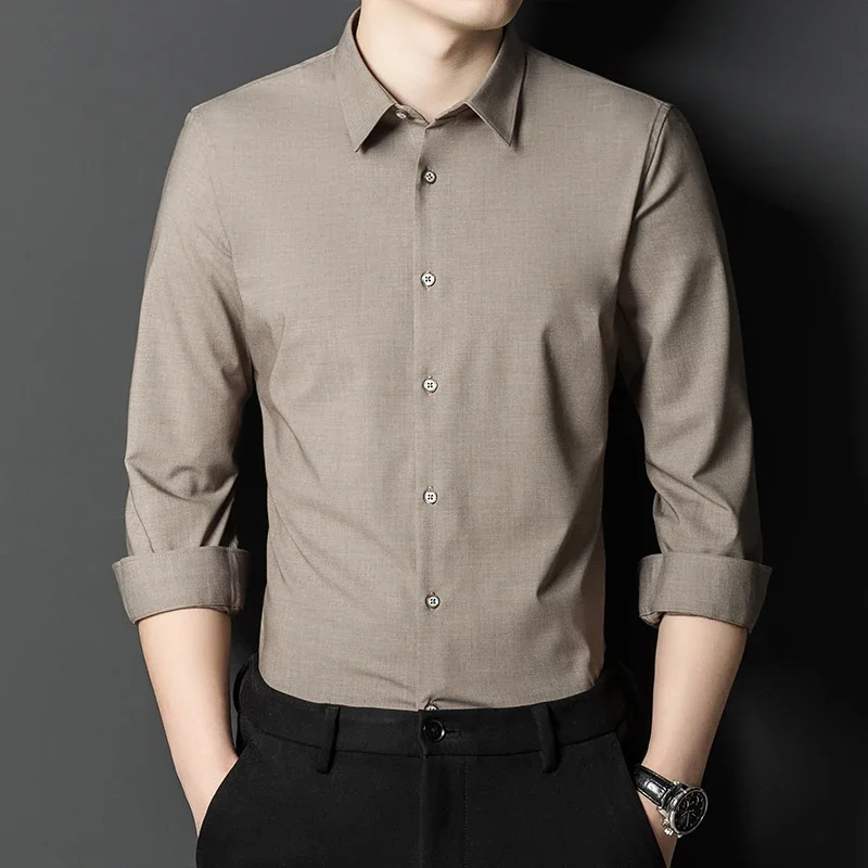 Bamboo Fiber Solid Color Elastic Long-Sleeve Shirts for Men Slim Fit Formal Plain Shirt England Style White Shirt Office Clothes
