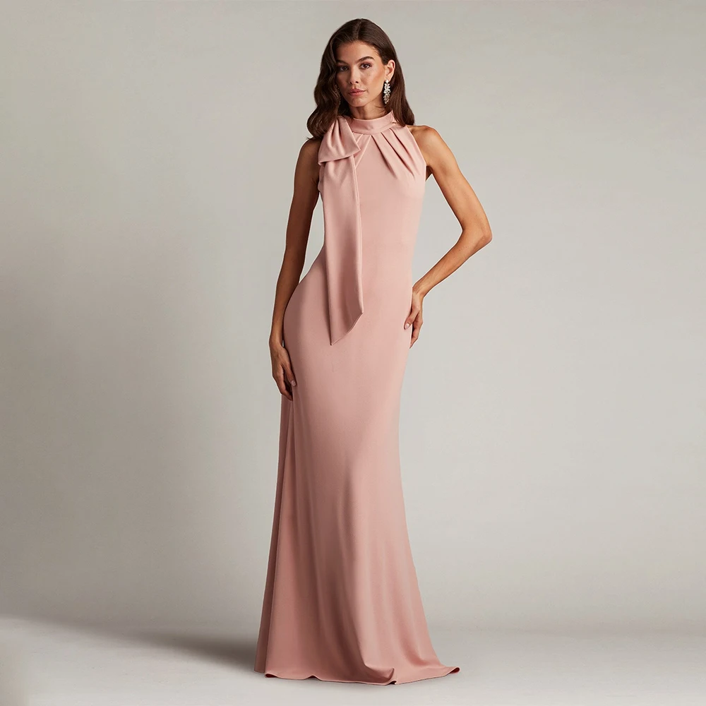 

Customized Elegant Bridesmaid Dress Mermaid Halter Bow High Collar Pink Wedding Guest Gowns Long Pleated Formal Trumpet Dresses
