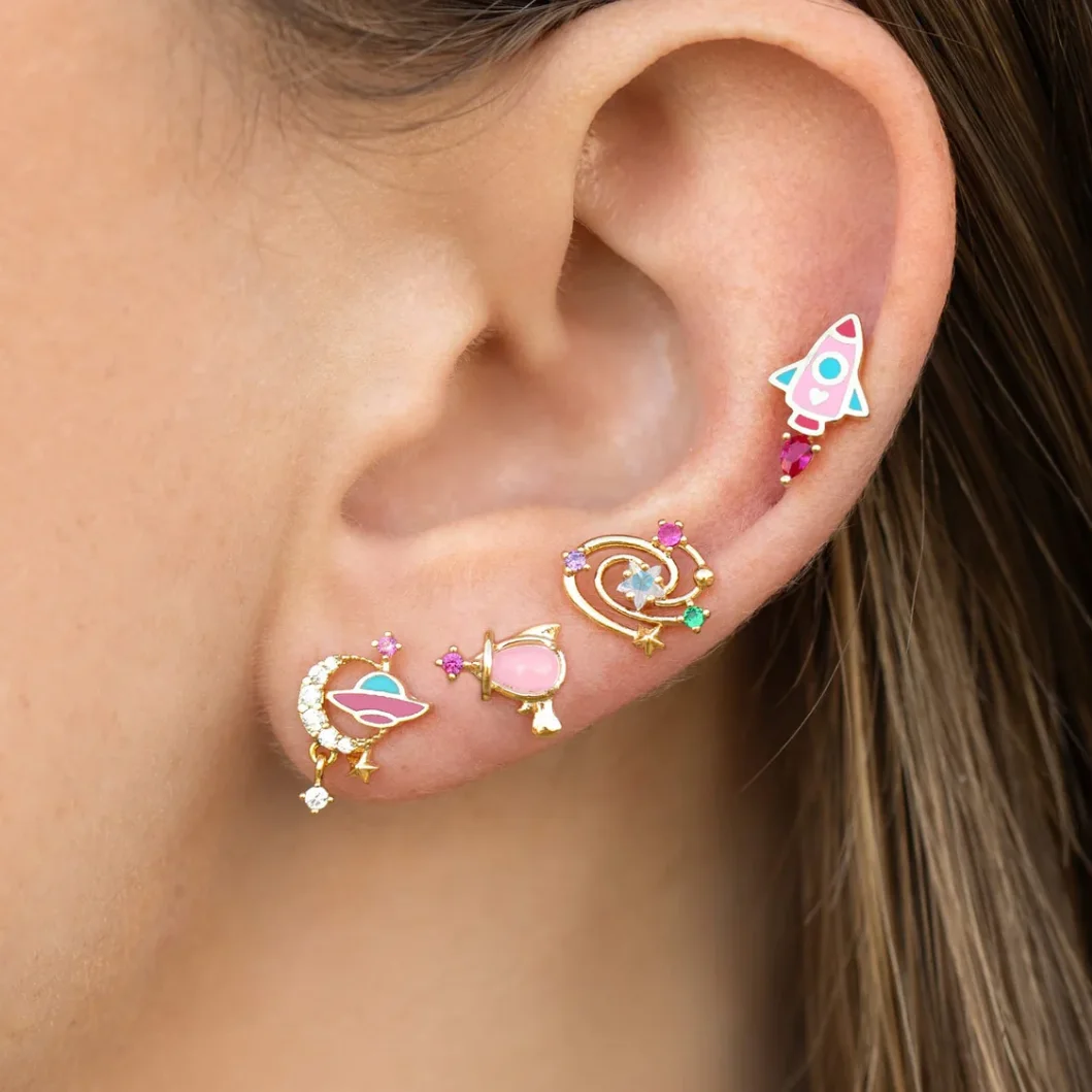 4PCS/Set New Fashion Colorful Zircon UFO Rocket Moon Star Stud Earrings For Women Exquisite Sweet Party Jewelry Gifts