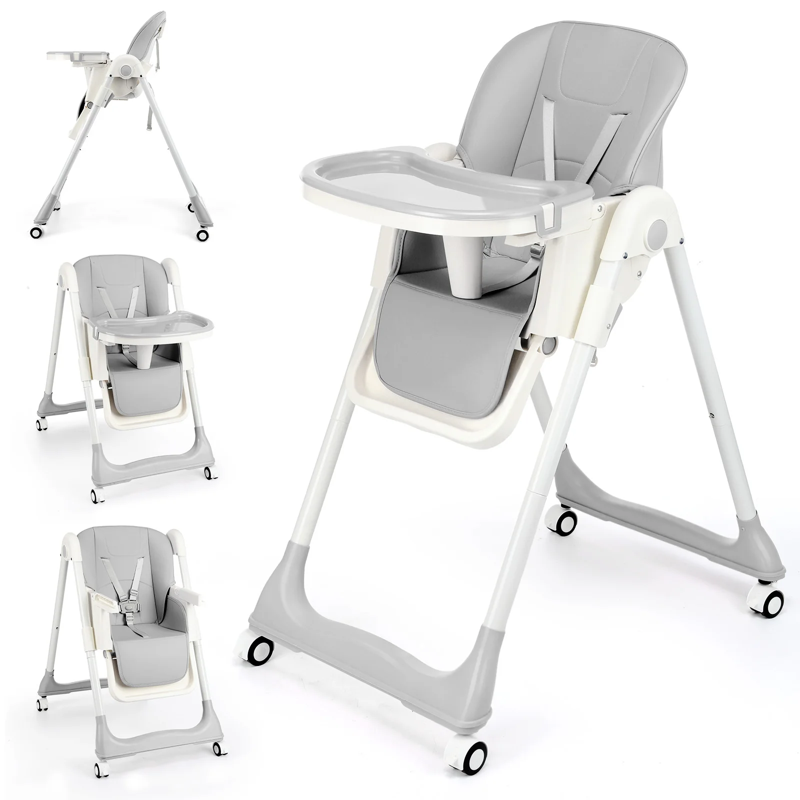 Highchair, Baby Chair,Comfortable, Reclining, Foldable, with Adjustable Height, Footrest, Detachable Double Tray, for Toddler,from 6 Month to 3 Years