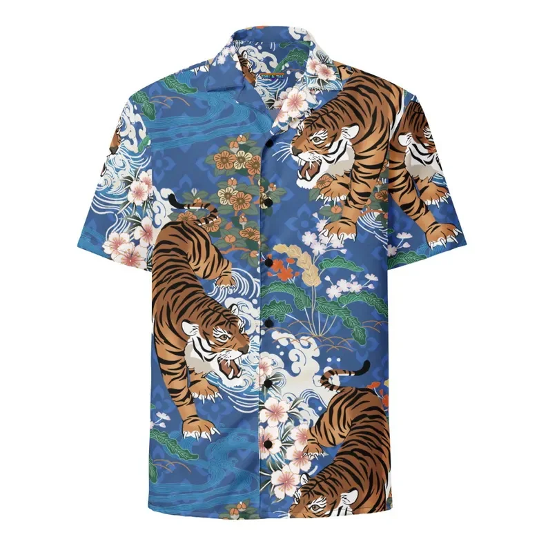 

Japanese Ukiyo-e Tiger Print Hawaiian Shirt Men's Short Sleeve Cherry Blossom & Wave Design Button Up Beach Aloha Shirt