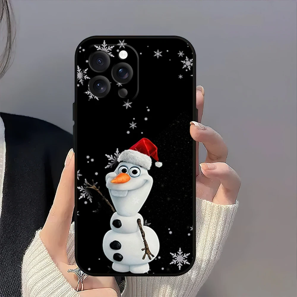 MINISO O-Olaf Cute Christmas Phone Case for iPhone 12 11 14 15 13 16 Max Plus Pro Black Soft Silicone Cover