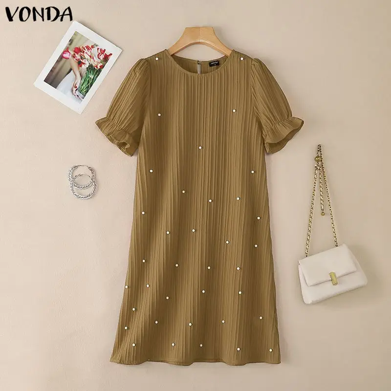 

2026 VONDA Women Plus Size Dresses Short Sleeve Solid Summer Sundress O Neck A-Line Party Mini Vestidos Elegant Robe Femme