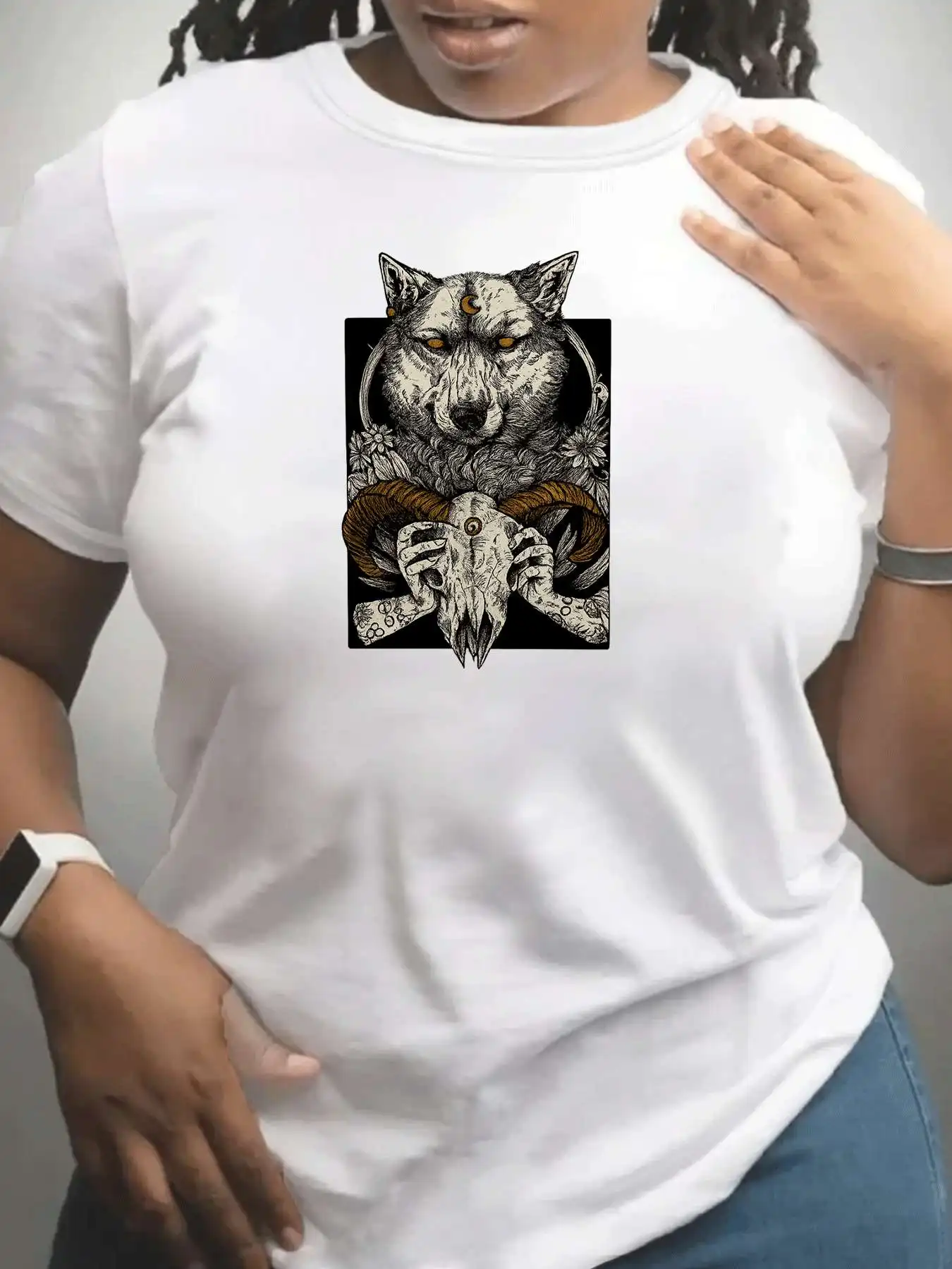 【1029939】 เสื้อยืดคอกลมแขนสั้นสำหรับผู้หญิงไซส์ใหญ่ แขนสั้นแบบยืดหยุ่น พร้อมลายพิมพ์ทันสมัย