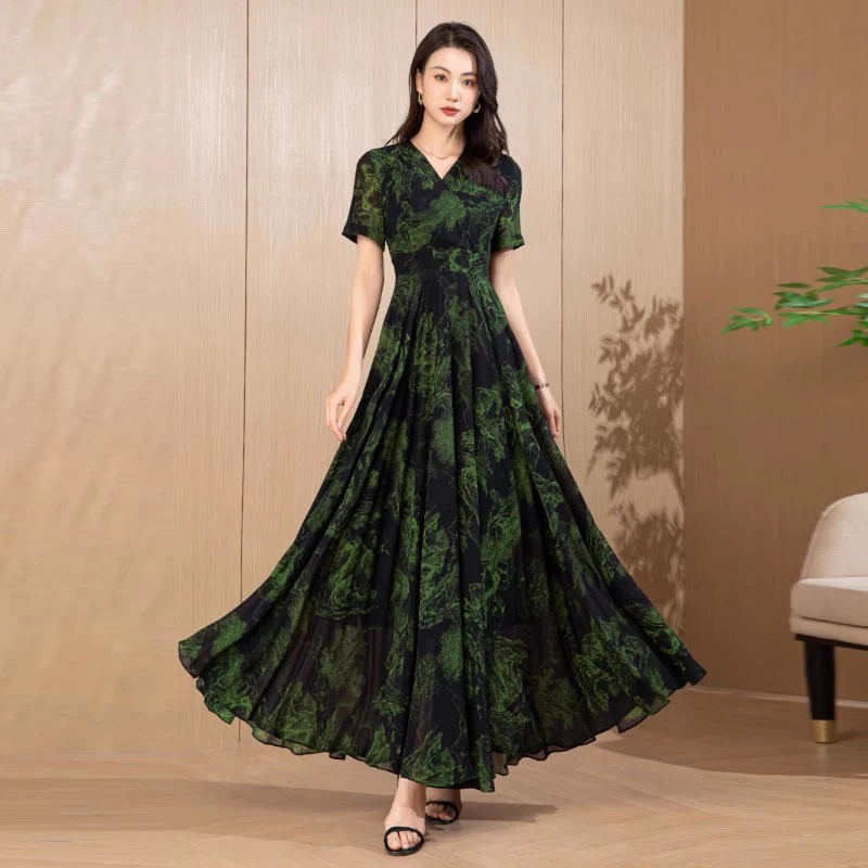 

New Women Green Print Chiffon Long Dress Summer Fashion V-Neck Short Sleeve Slim Waist Flowing Dress Elegant A-line Dress