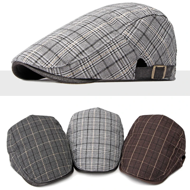 Plaid Flat Cap Berets Men Gatsby Newsboy Hat Women Cabbie Ivy Cap Herringbone Painter Peaked Hat Forward Visor Adjustable