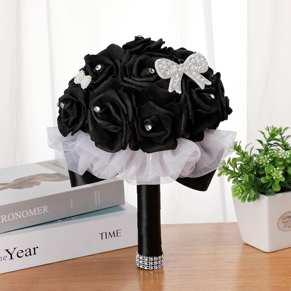 

Luxury Black Crystal Silk Rose Bow Flower Bouquet Halloween Party Wedding Party Bridal Holdheld
