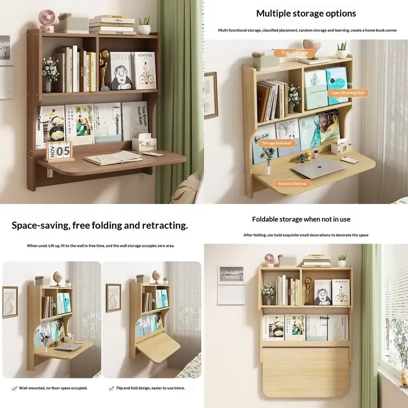 Foldable Desk Hanging Wall-mounted Bedside Integrated Study Table Home Bedroom Bookshelf Bookcase