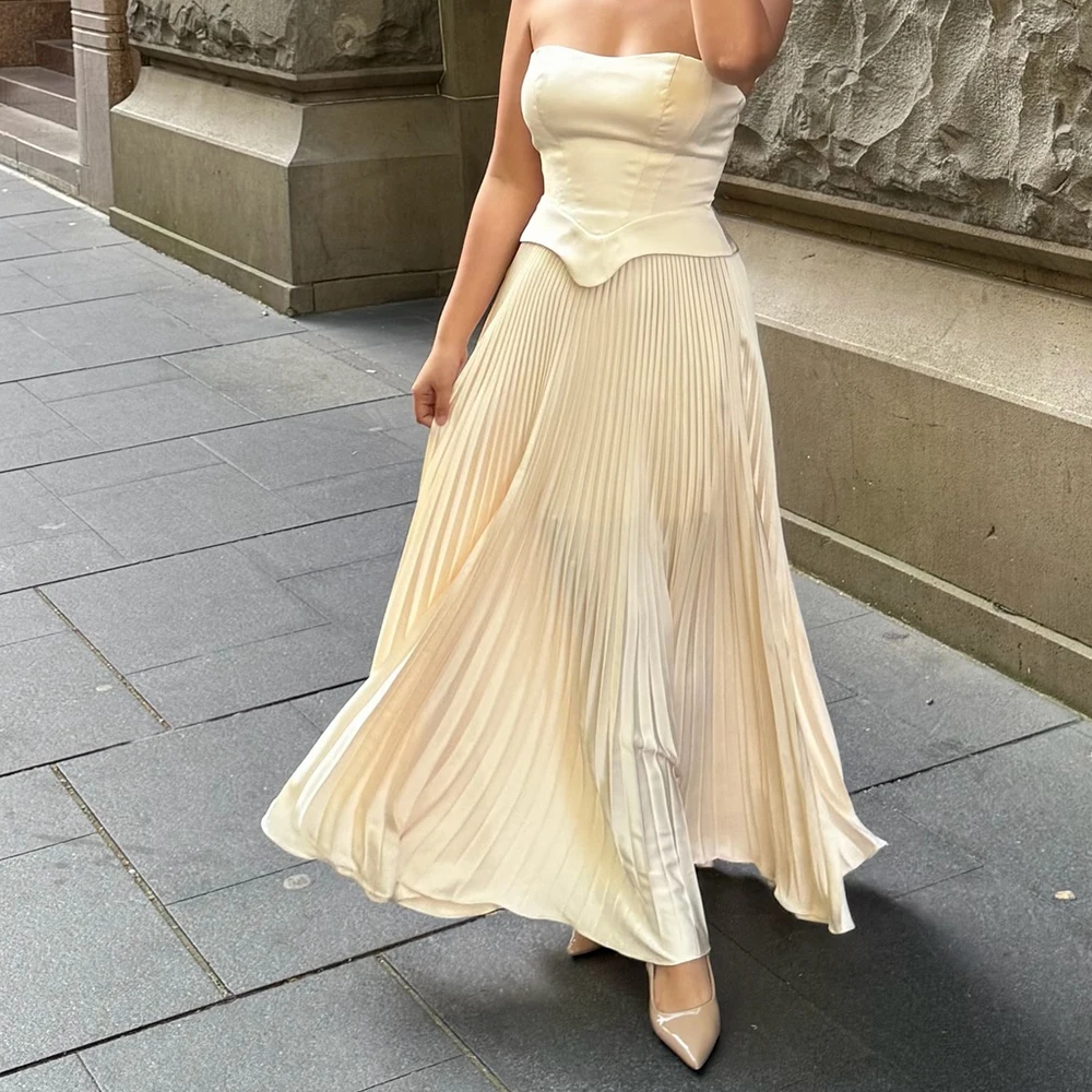 

Customized A-line Evening Dresses Ankle-length Strapless Sleeveless Prom Gown Simple Fashion Pleat Draped Backless Party Gown