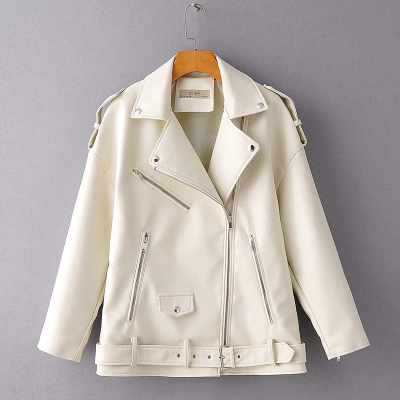 Fitaylor-chaquetas de cuero sueltas para mujer, abrigo de motociclista con cremallera, cuello vuelto, remache, prendas de vestir de cuero suave de