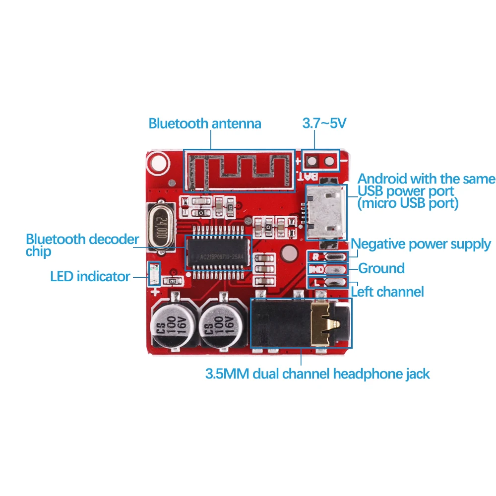 DIY Bluetooth Audio Receiver Board TYPE-C Bluetooth 5.0 MP3 Lossless Car Audio Decoder Board Wireless Stereo Music Module 3.7-5V