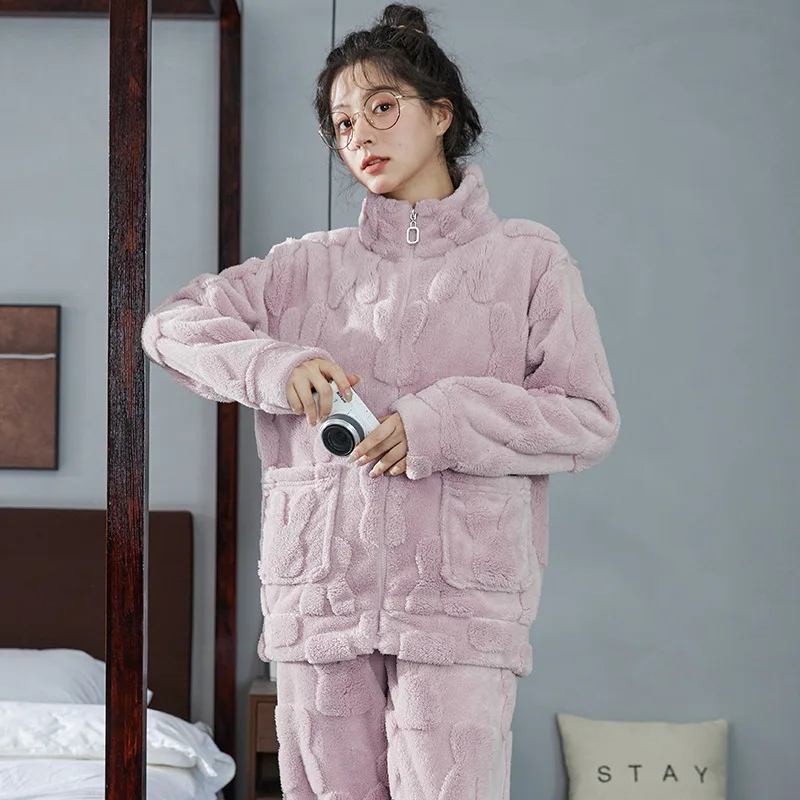 

Women's Pajamas Two-piece Set Autumn and Winter Flannel Sweet Coral Fleece Loungewear Fleece Thickened Kimono Cardigan