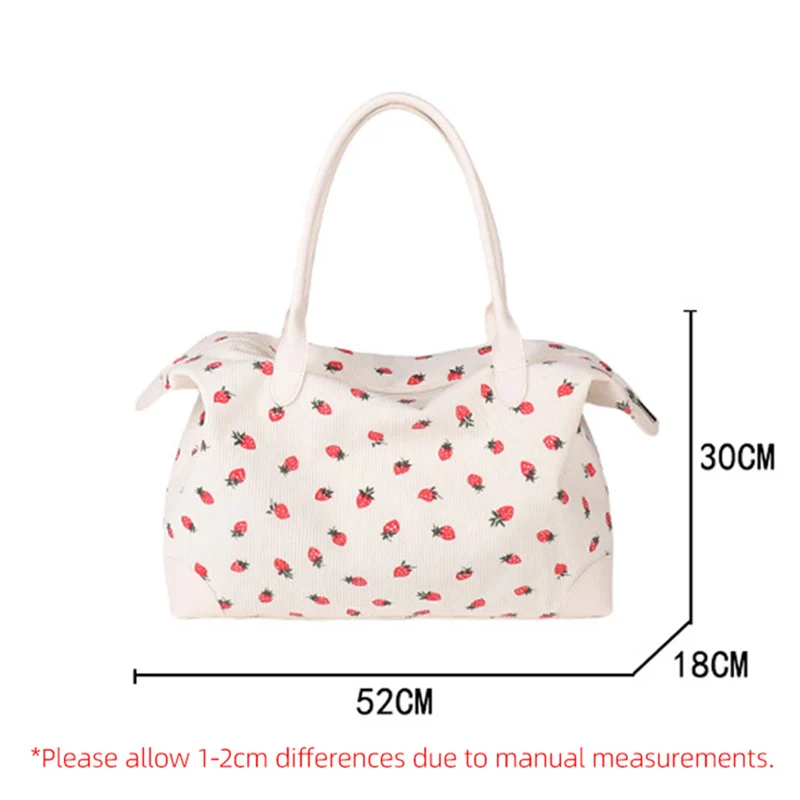 Corduroy Travel Handbag Strawberry Shoulder Bag Women Duffle Bags Weekender Overnight Large Tote Pack Winter Underarm Daypack