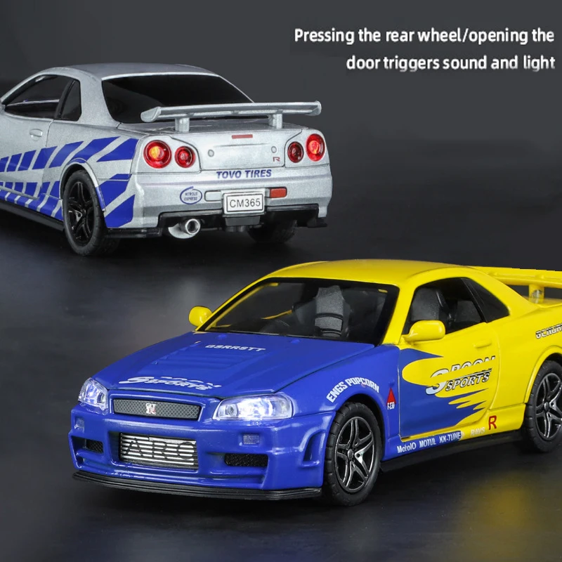 1:32 GTR R34 SKYLINE Fast Alloy Simulation Car Model Diecasts & Toy Vehicles And Furious Cars Decoration Toys For Children Boy