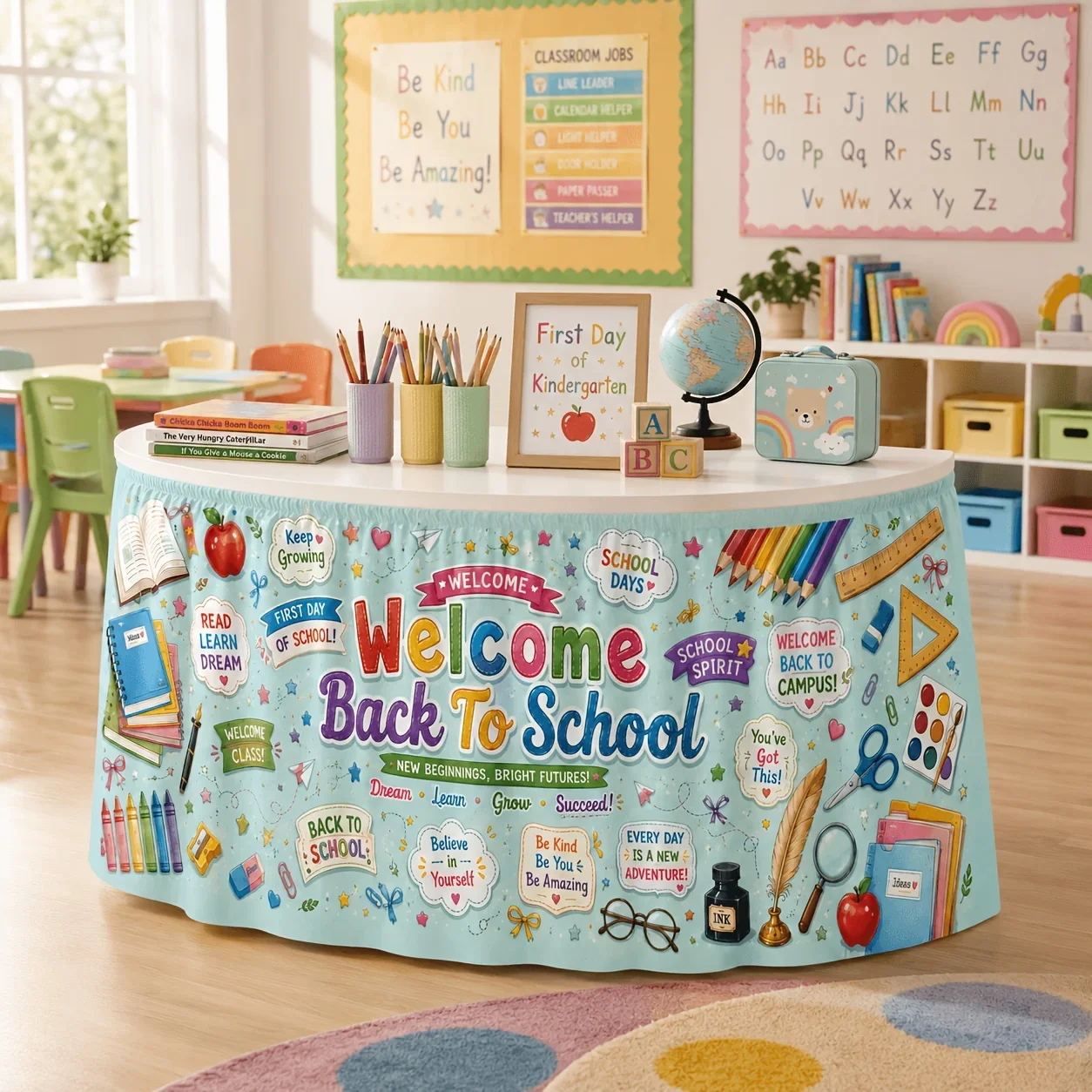 Tablecloth, table skirt, polyester table skirt, back-to-school season, stationery art print tablecloth, decoration.