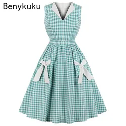 Plaid Green Day Irish 50 60 Retro Vintage Dress 2025 Women Elegant Casual Party Summer  Bowknot Pocket Vestido Swing Midi Dress