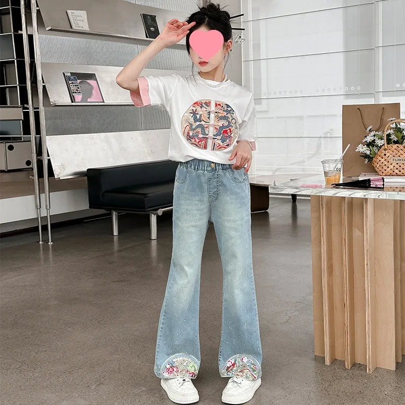 Baby Girl Clothes Suit Thin Jeans New Chinese Girls Summer Dress National Style Large Children Bell Bottoms Short Sleeve Set