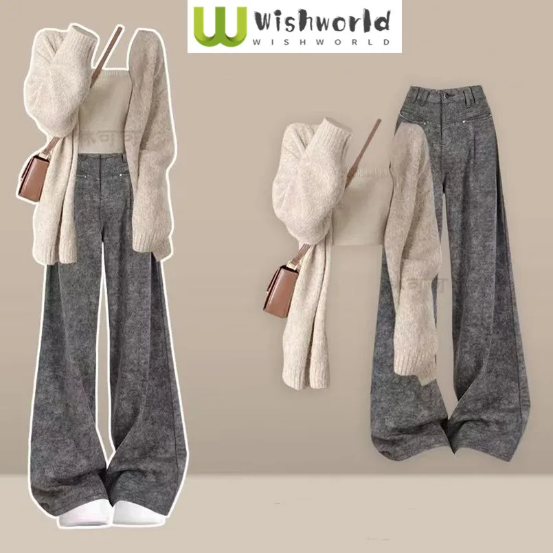 

Spring and Autumn Korean Knitted Sweater Cardigan Tank Top Loose Casual Wide Leg Pants 3-Piece Set