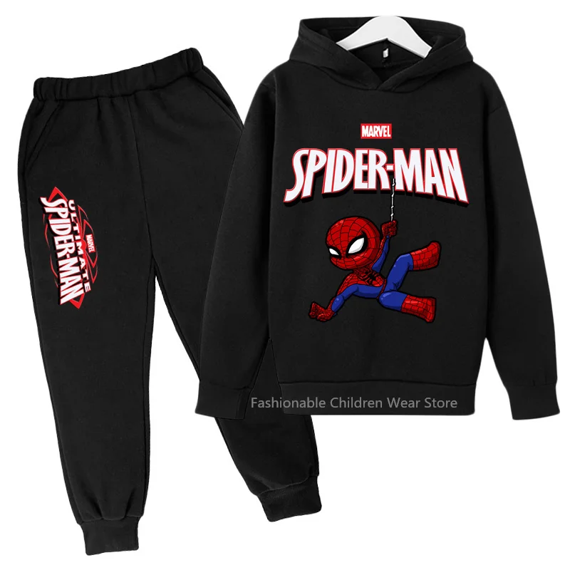 Marvel Stylish Q-Edition Spider-Man Print Hoodie & Pants Set - Kids' Cotton Capped Outfit for Casual Outdoor Styles