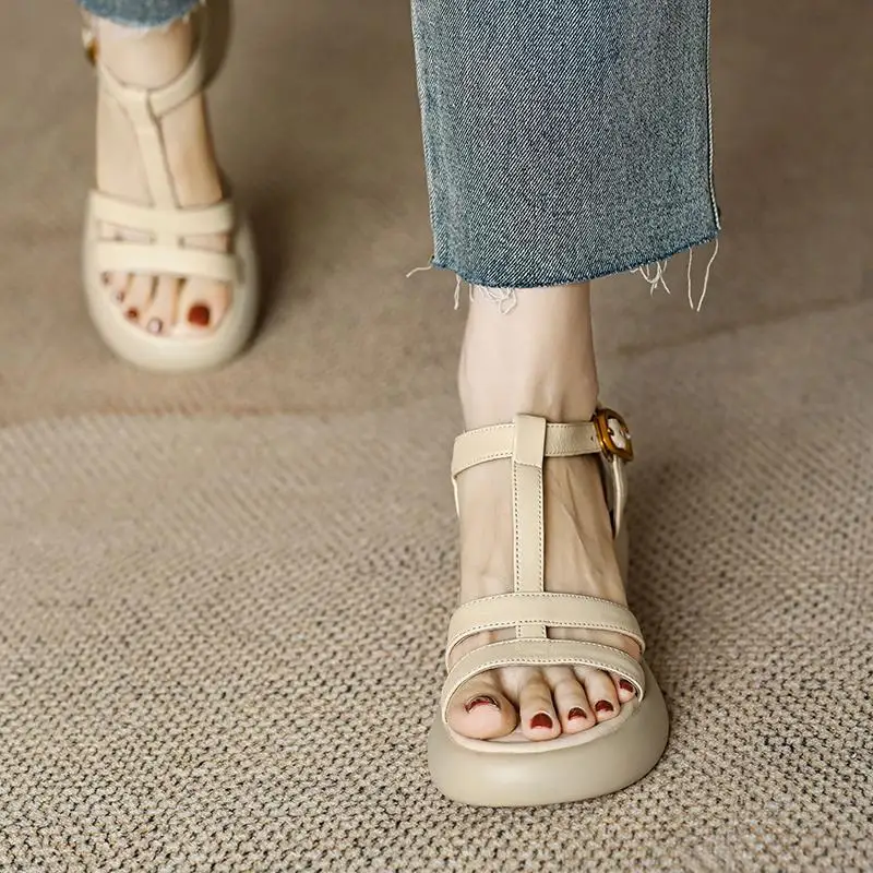 Sandalias French High Heel Sandal Women 2023 New PlatformThick Heel Sandals Soft Leather Sandal Retro Student Sandal Women Shoe