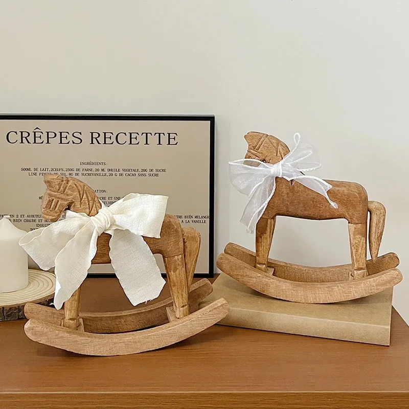 Hand Carved Wooden Rocking Horse Ornament, Retro Desktop Decor Figurine, Rustic Nursery Shelf Decoration, Commemorative Gift