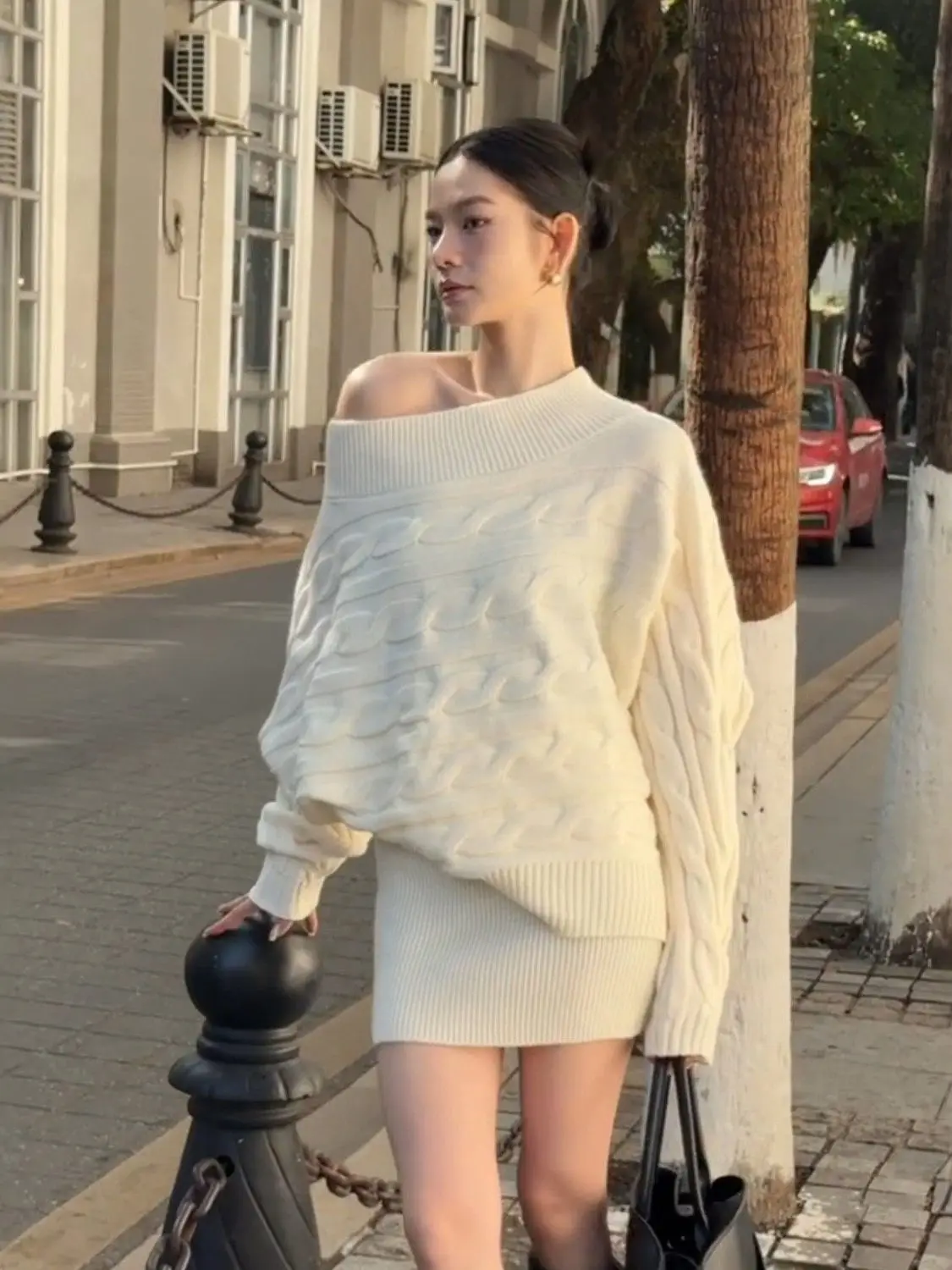 

Корейский вязаный комплект Lazy, женский зимний новый свободный свитер, юбка, комплект из двух предметов, теплая, уютная, модная повседневная одежда