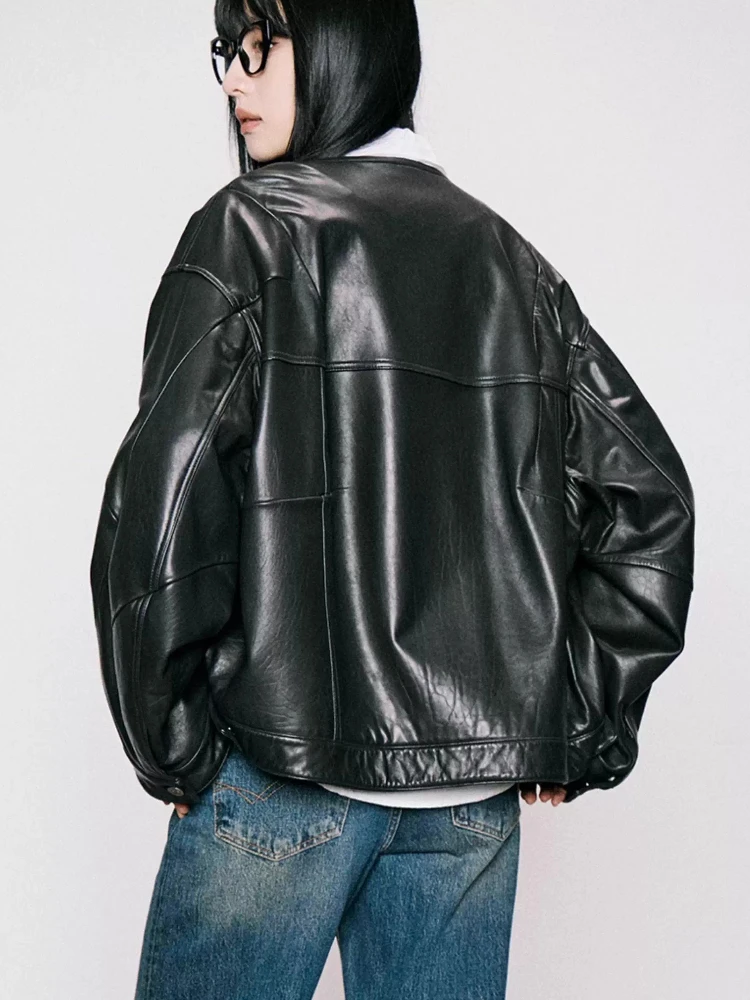 Casual Echtes Leder Jacken Frauen Frühling Herbst High-end-Einfache Stehkragen Einreiher Weiche Schwarz Echt Schaffell Mantel