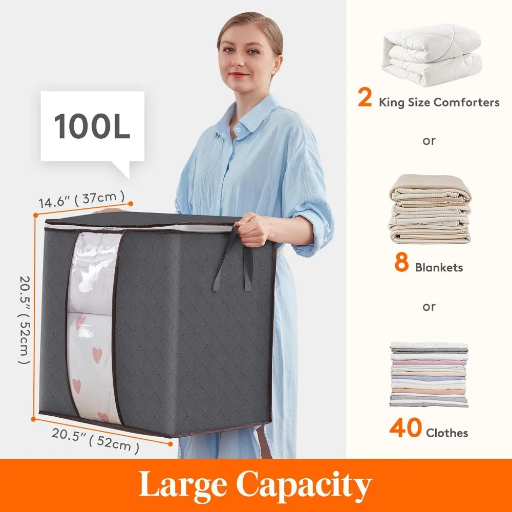 3-Pack 100L Foldable Storage Bags with Clear Window & Zippers for Clothes, Blankets, Comforters