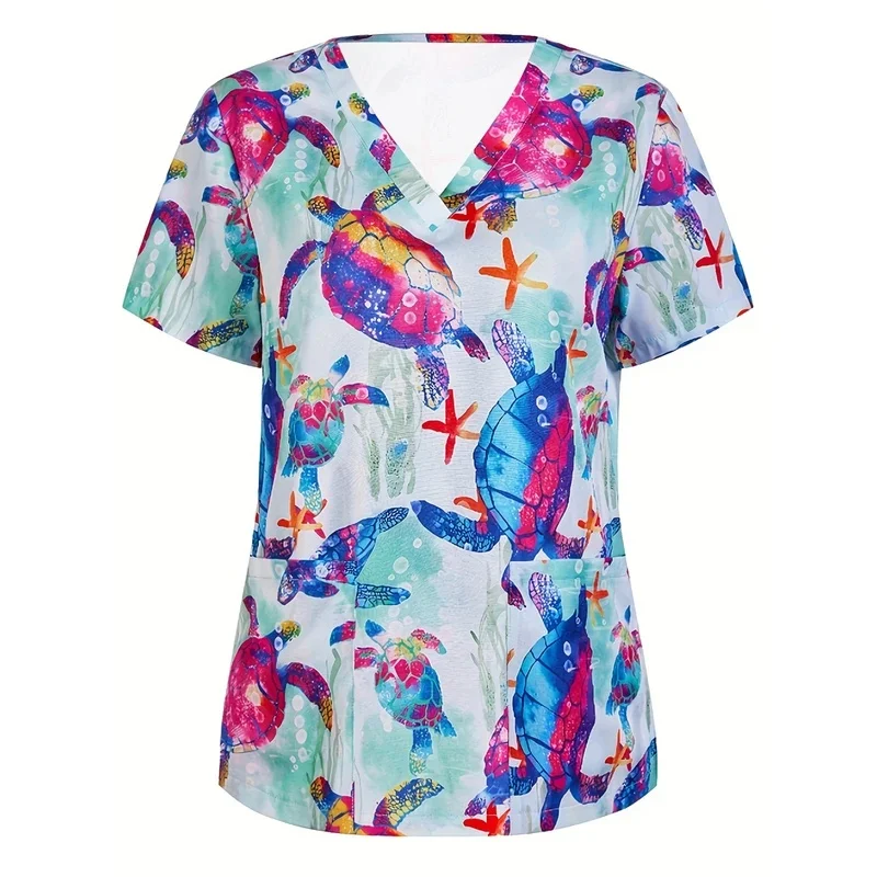 Women's Animal Print Short SleeveShirtVCollarTMedical workwear shirt withpocketssuitable for workplace commuting and casual wear