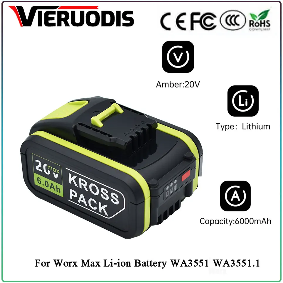 

For Worx 20V 6000mAh Battery Li-ion Battery WA3553 WA3551 WA3551 WA3572 WA3553 WX390 WA3551 WX178 WU268 Drill Battery