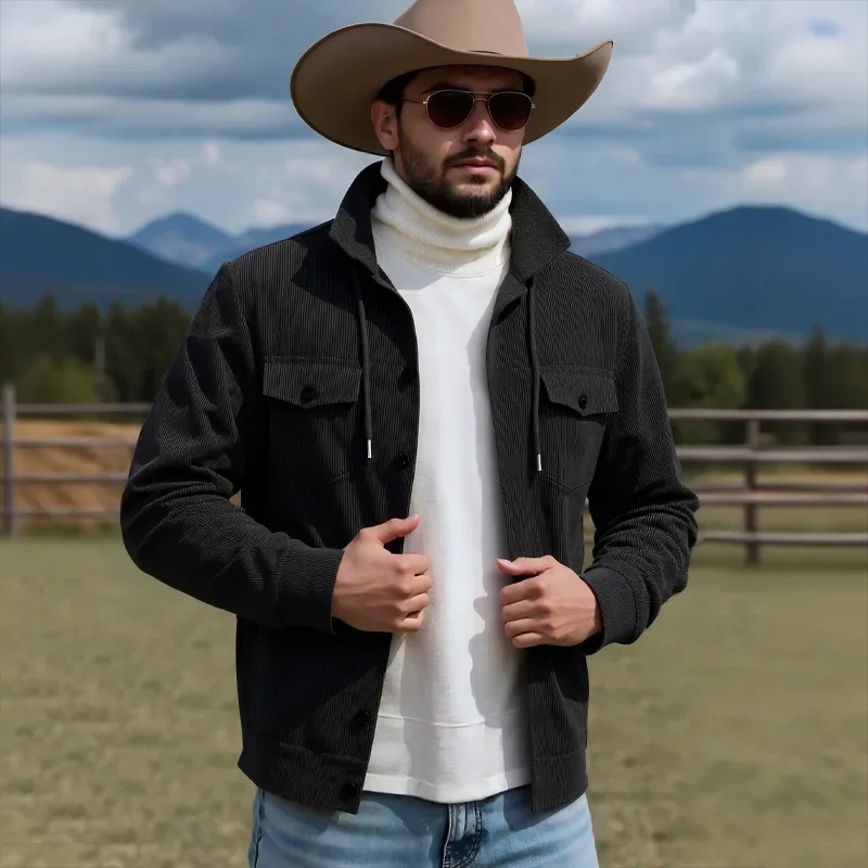 

Turn-Down Collar American Retro Autumn Winter New Corduroy Jacket Coat Multi-Pocket Workwear Jacket for Men