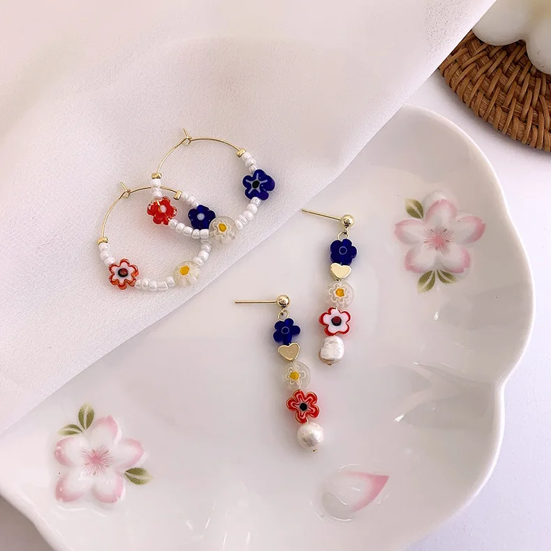 Glass Flower Beaded Freshwater Pearl Long Tassel Earrings for Girls Korean Summer Lightweight Youthful Daily Hoop Drop