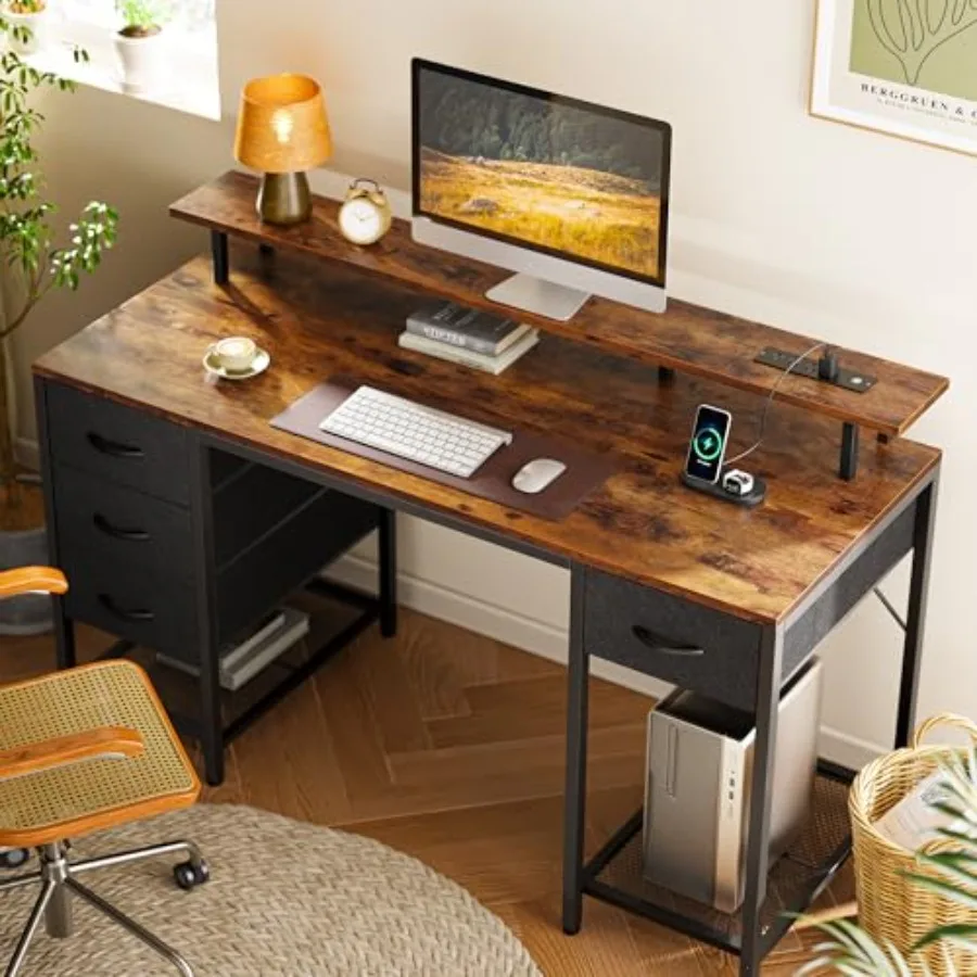 Computer Desk with Power Outlets 4 Drawers for Home Office, Engineered Wood, White, Space-Saving and Cable Management Design