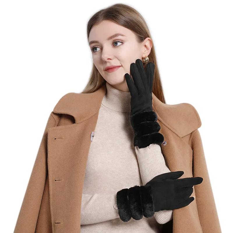 New Fashion Slim Hairball Elegant Windproof Touch Screen Gloves Winter Women's Gloves Suede Full Finger Hand Warm Black Glove