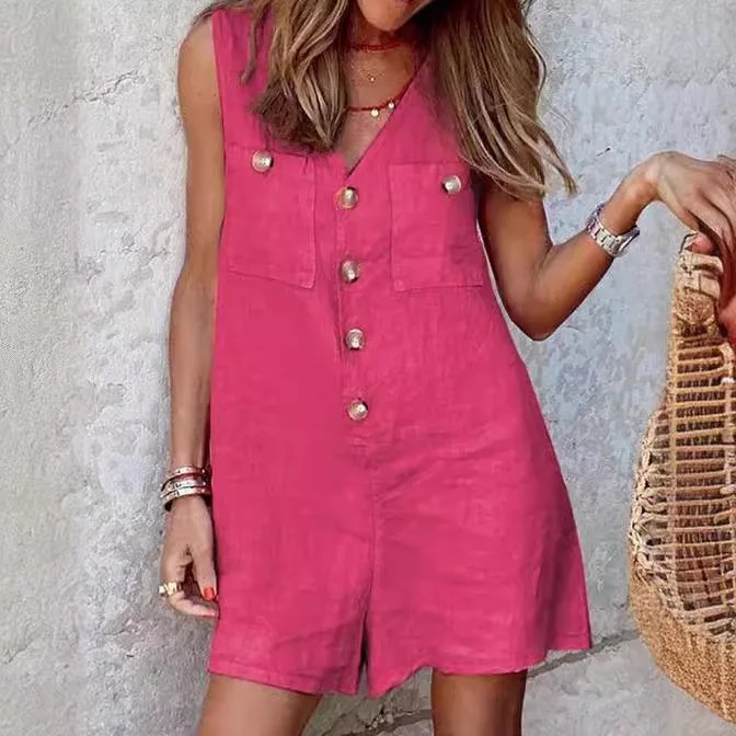 

Casual Solid Color Loose summer One Piece Cotton Blend sleeveless Overall For Women Single Breasetd Fashion Vacation Playsuit