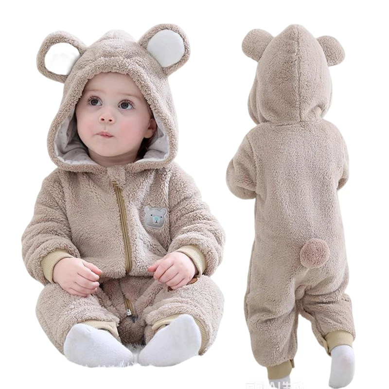 Infant Bodysuit Cartoon Bear Costume Baby Clothes Flannel Hooded Romper Soft Winter  Animal Jumpsuit Baby Kigurumi with Zipper