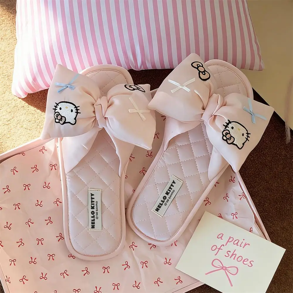 Kawaii Hello Kitty Woman Slippers Anime Female Home Cotton Fabric Shoes Cute Student Thick Bottom Non-Slip Breathable Shoes