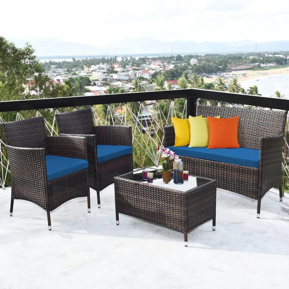

Rattan Patio Furniture Set, Outdoor Sofa Table Set with Tempered Glass Coffee Table, Thick Cushion, Wicker Conversation Set