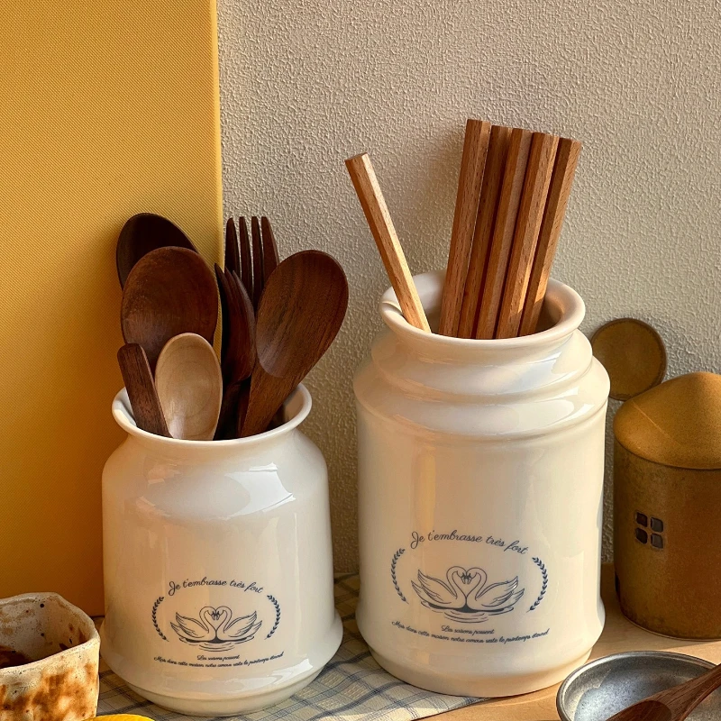 Ceramic Kitchen Utensil Holder, Ceramic Rural Swan Cooking Utensil Crock for Spatulas, Spoons & Tools,Modern Farmhouse Organizer