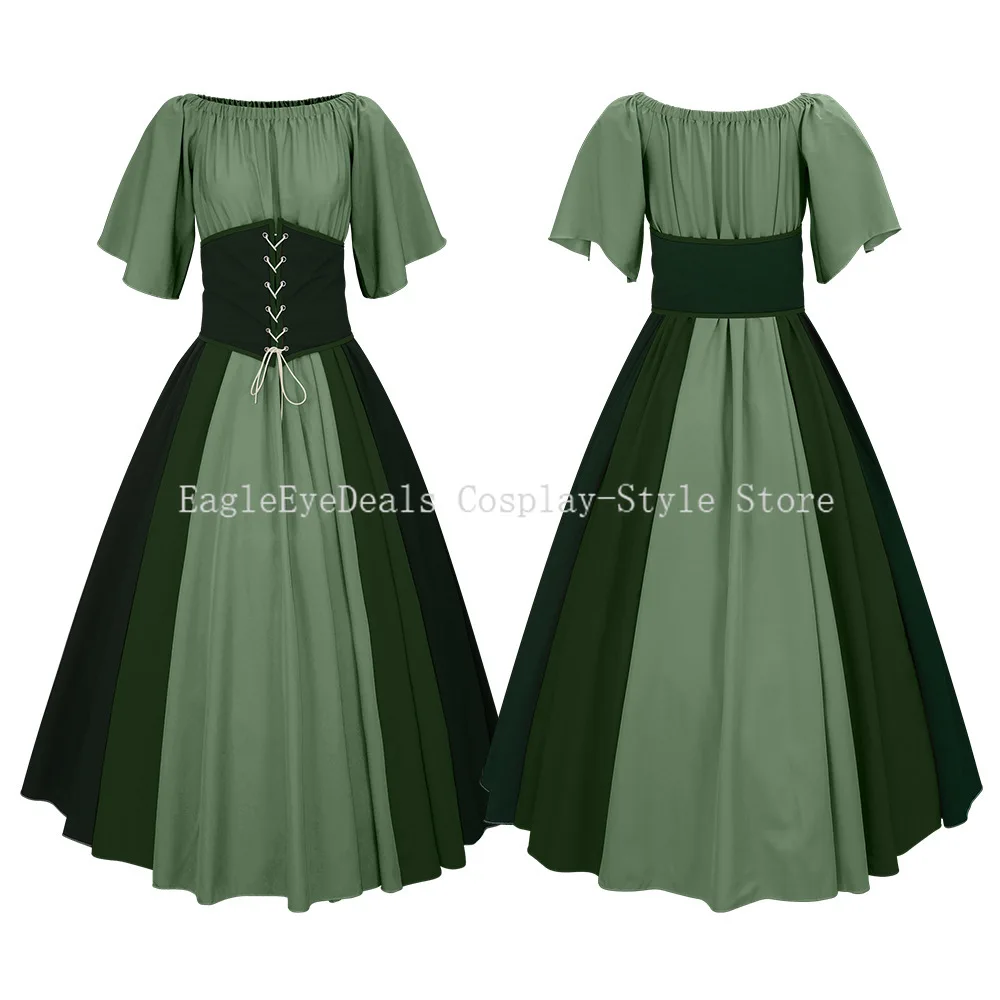 Women's Medieval Retro Contrast Color Slim Dress - Off-Shoulder with Feifei Sleeves, Large Swing Skirt for Cosplay & Performance