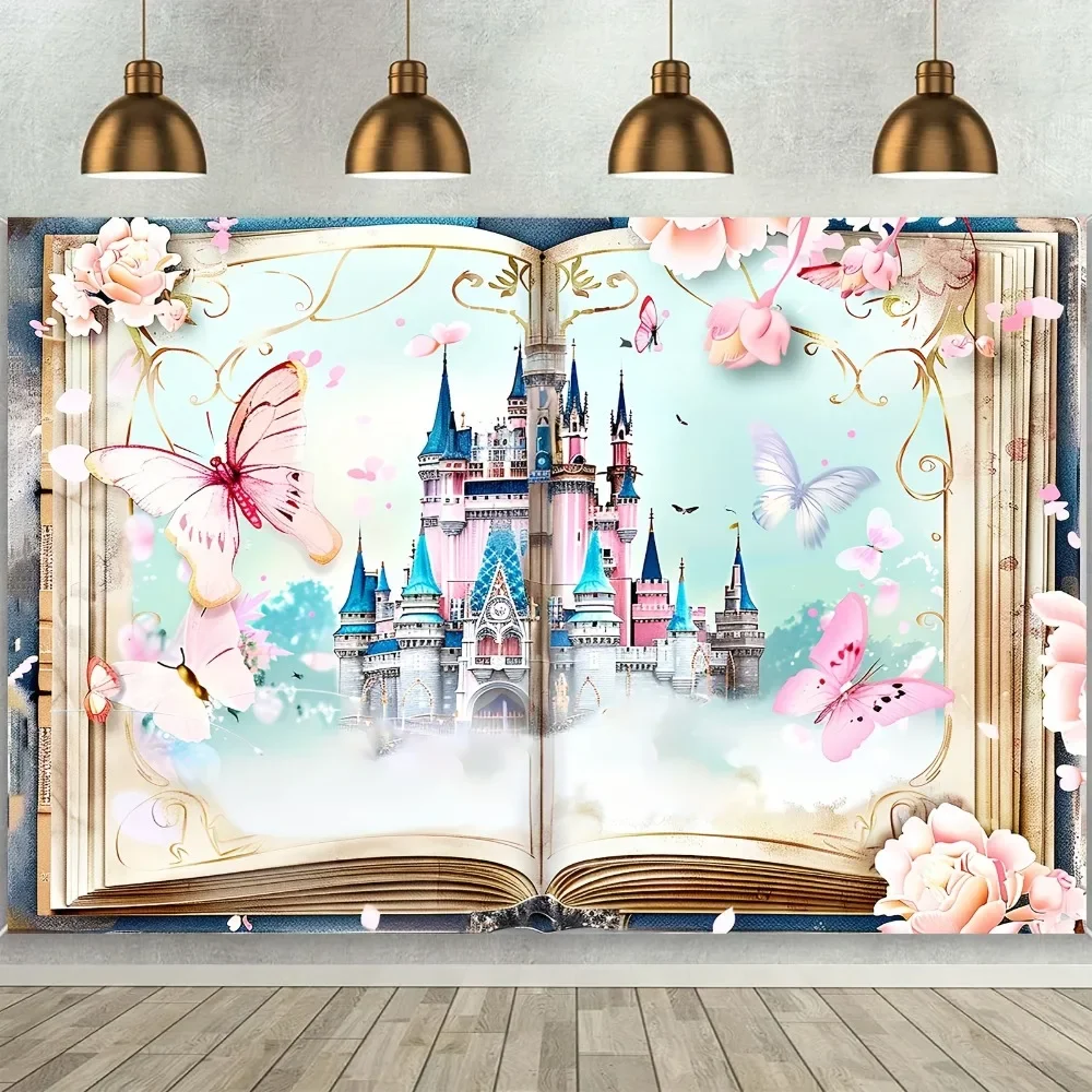 Charming fairytale castle and floral butterfly photography background - Princess birthday, wedding and party decoration