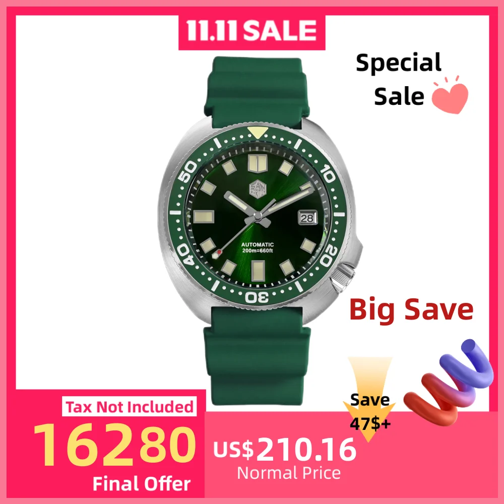 

San Martin Новые 44 мм мужские механические часы с черепахой NH35 Автоматические наручные часы с автоподзаводом с сапфировым стеклом Lume 20 бар Роскошные Reloj SN0047G-B