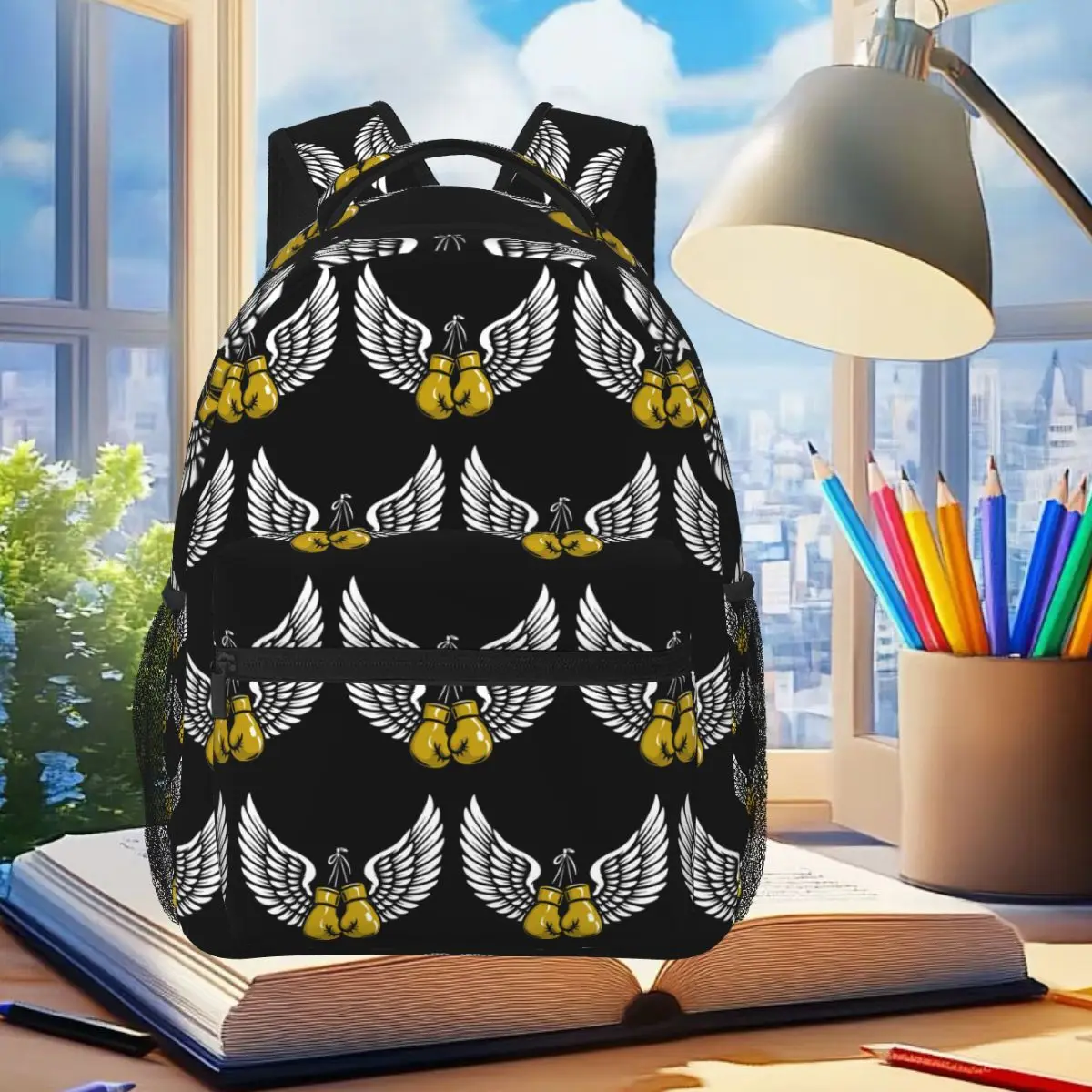 

Gold Boxing Gloves With Wings Minimal Fighter Backpack Student Boys Girls BookBag School Bag Laptop Shoulder Bags for Men Women