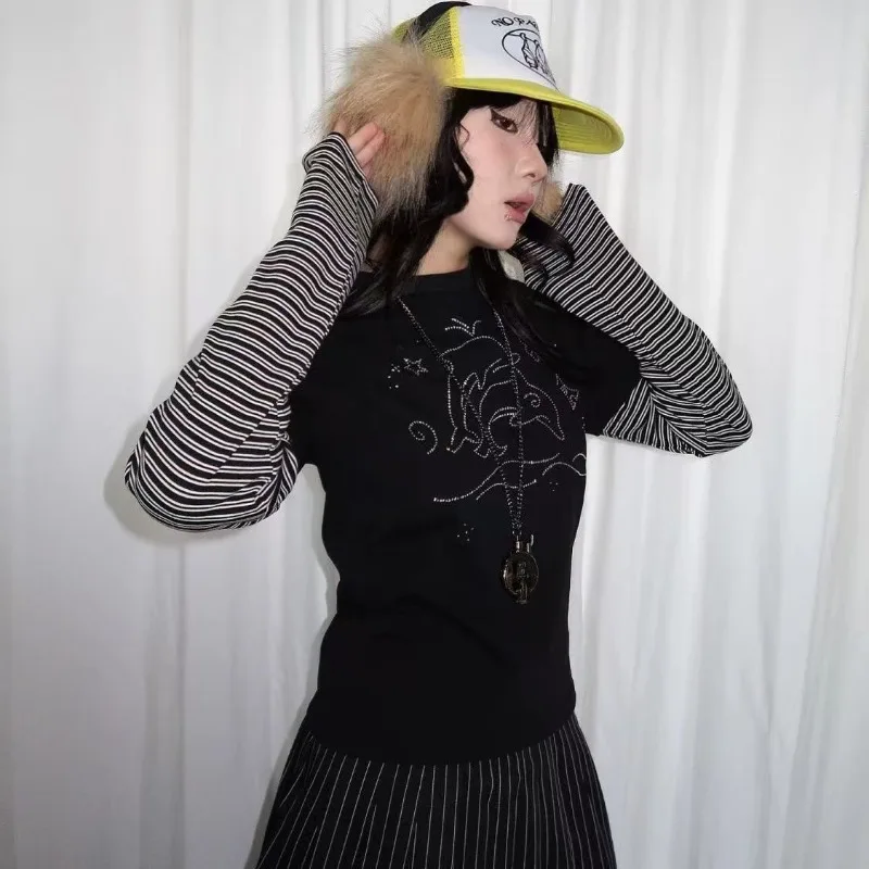 الأمريكية الرجعية مخطط المرقعة التي شيرت الشرير ثقافة فرعية وهمية اثنين تي شيرت Harajuku الجرافيك المطبوعة تيز المرأة القوطية شيك القمم #4