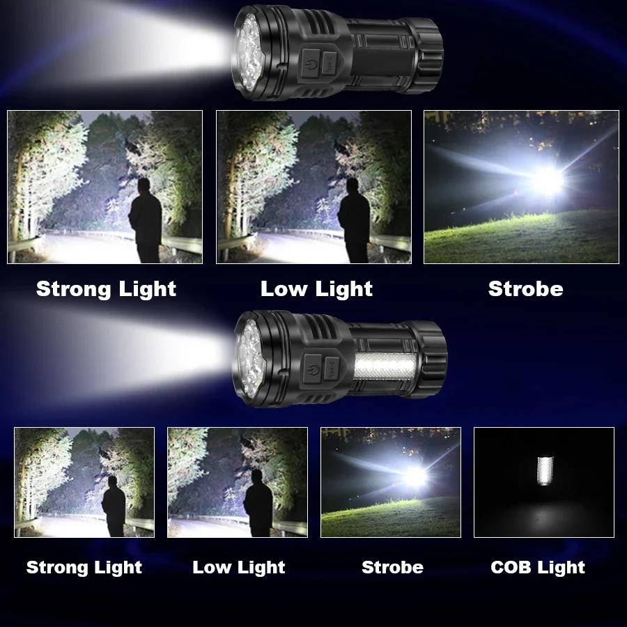 9LED Super Bright COB Flashlights Rechargeable Camping Spotlight with Side Light 3 Lighting Modes for Camping Adventure Outdoor