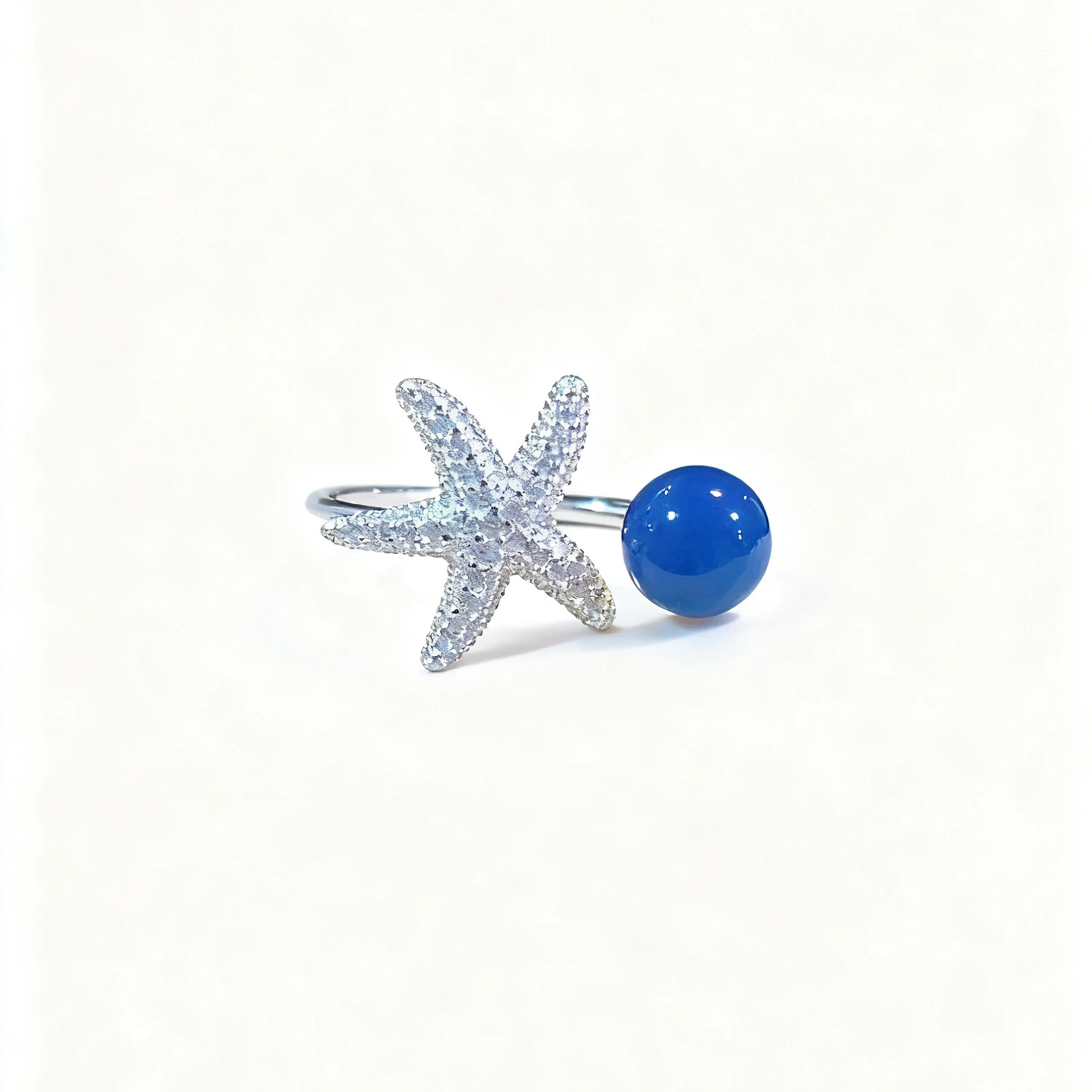 

Natural Dominican Blue Amber Sterling Silver Ring 6mm Ocean Style Starfish Bead Design Fun Dynamic forFashionVacationCasual Wear