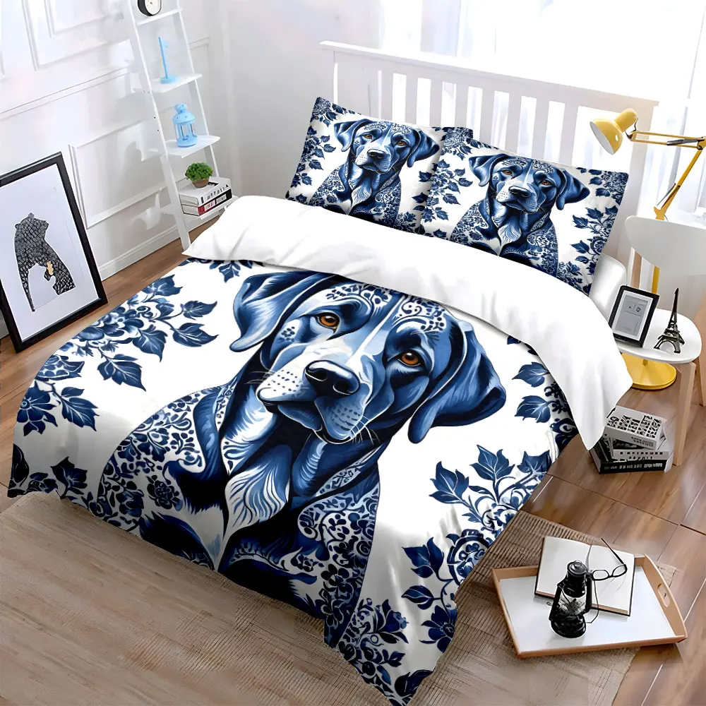 Artistic portrait of a dog with blue and white patterns Bedding Set for Kids Luxury Gift 3pcs Digital Print Comforter Set Soft