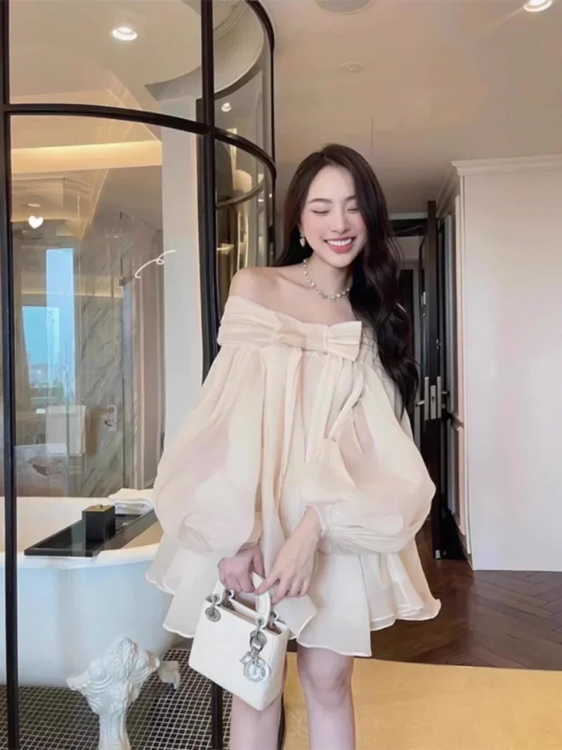 Vestidos De Mujer Sweet Dresses for Women Slash Neck Lantern Sleeve Summer Robe Femme Bandage Bow Loose A-line Dress 2024