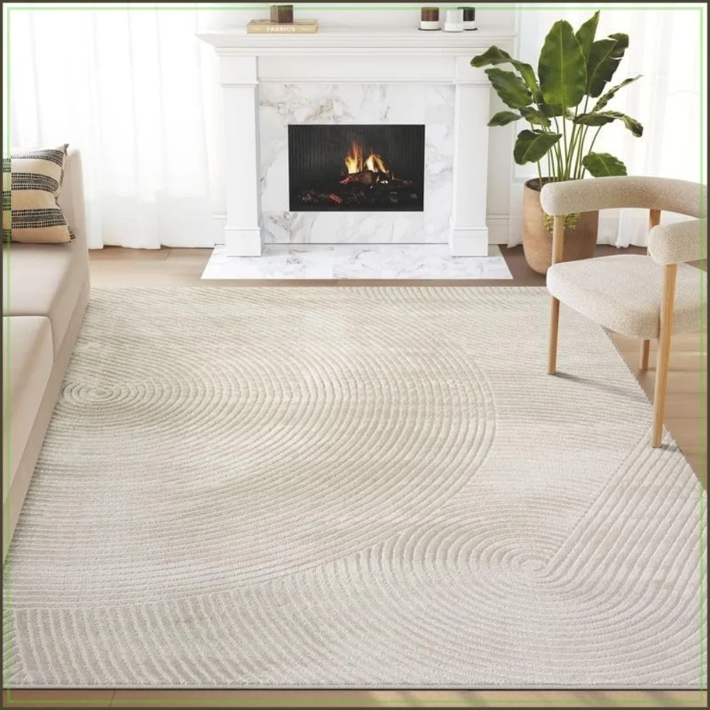 Neutral Beige Area Rug 8x10 ft, Tan Geometric Carpet with Zen Circle Pattern for Living Room