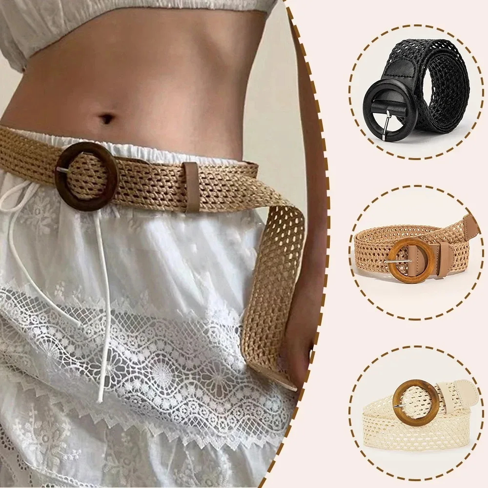 Boho Straw Waist Belt Wide Hollow Out Woven Waistband Round Buckle Handmade Braided Belt for Holiday